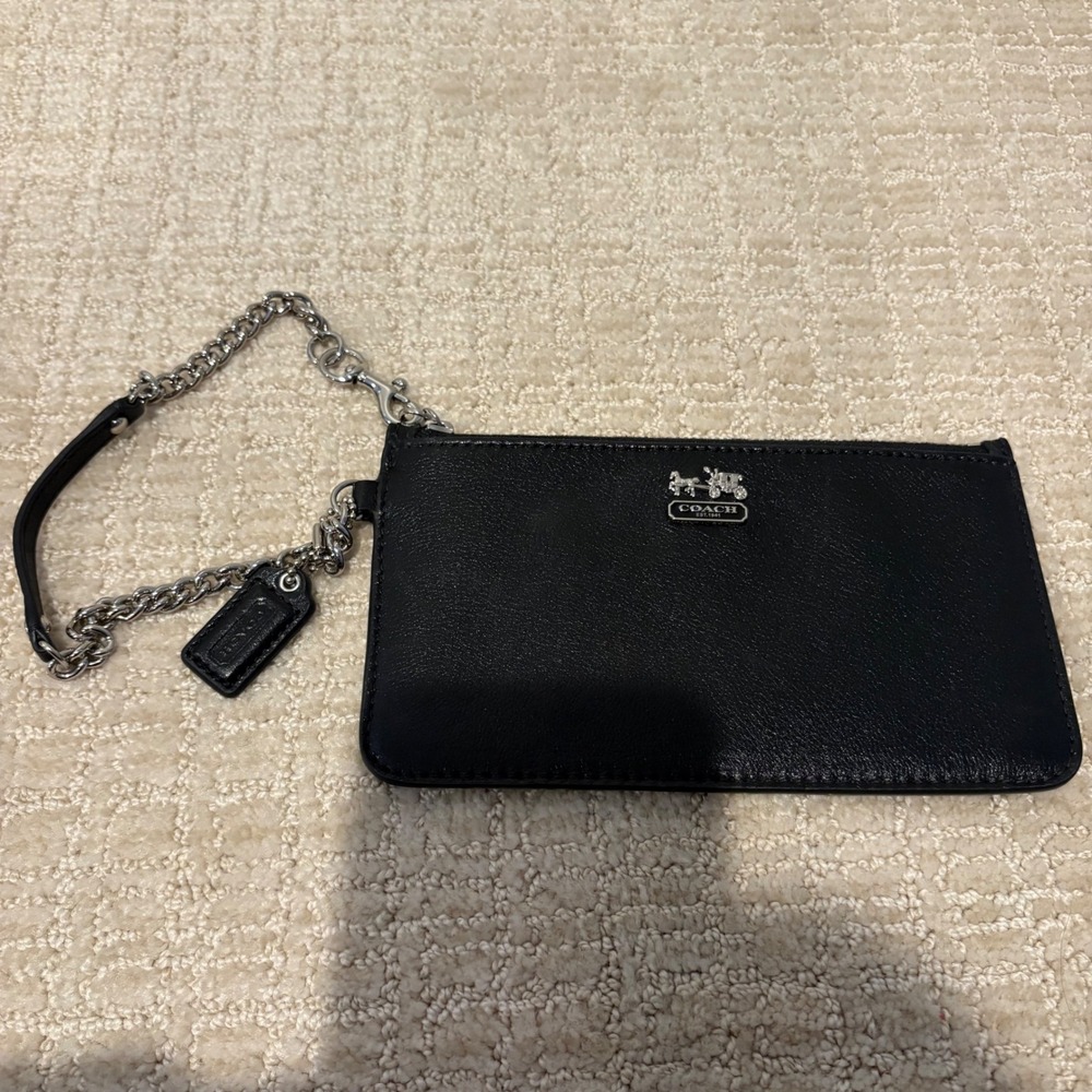 Coach Black Leather Wristlet with Silver Chain